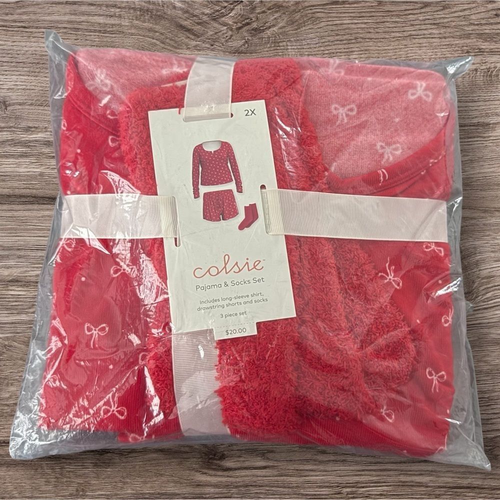 Colsie Red Bow 3pc Pajama Set NWT 2X Cozy Fleece Socks & Shorts Lounge